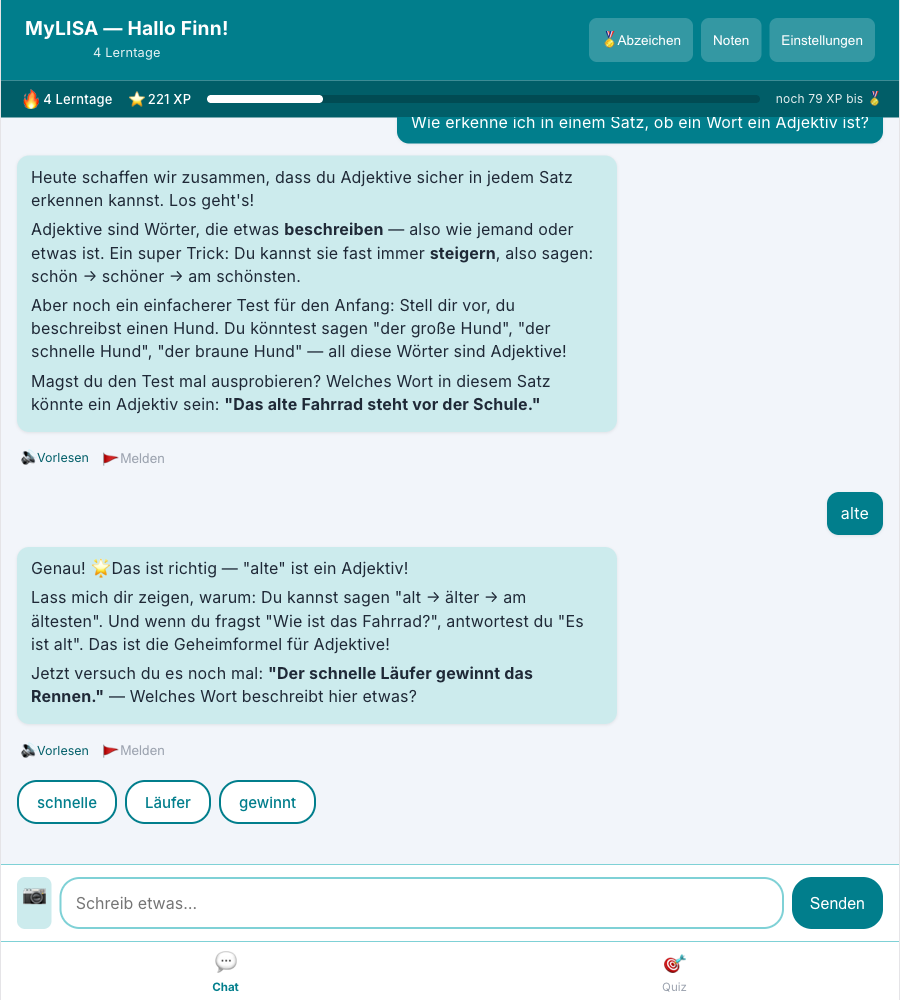 Chat-Ausschnitt: LISA bespricht mit einem Kind sokratisch eine Bruchrechnung